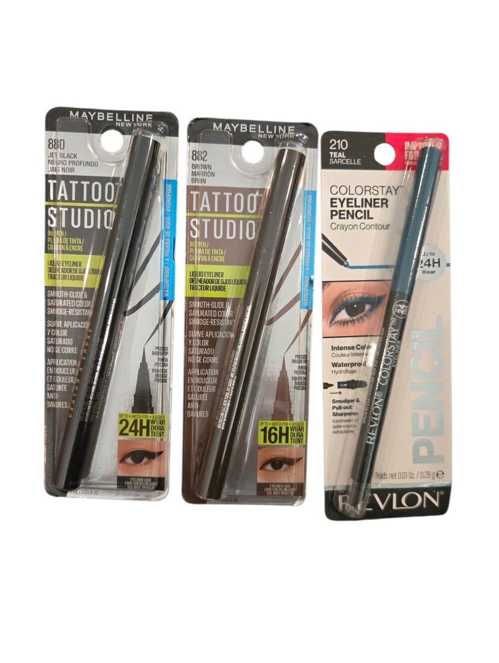 NWT 3 Pack Liquid Eyeliner - Maybelline Jet Black & Brown, Revlon Coloratay Teal